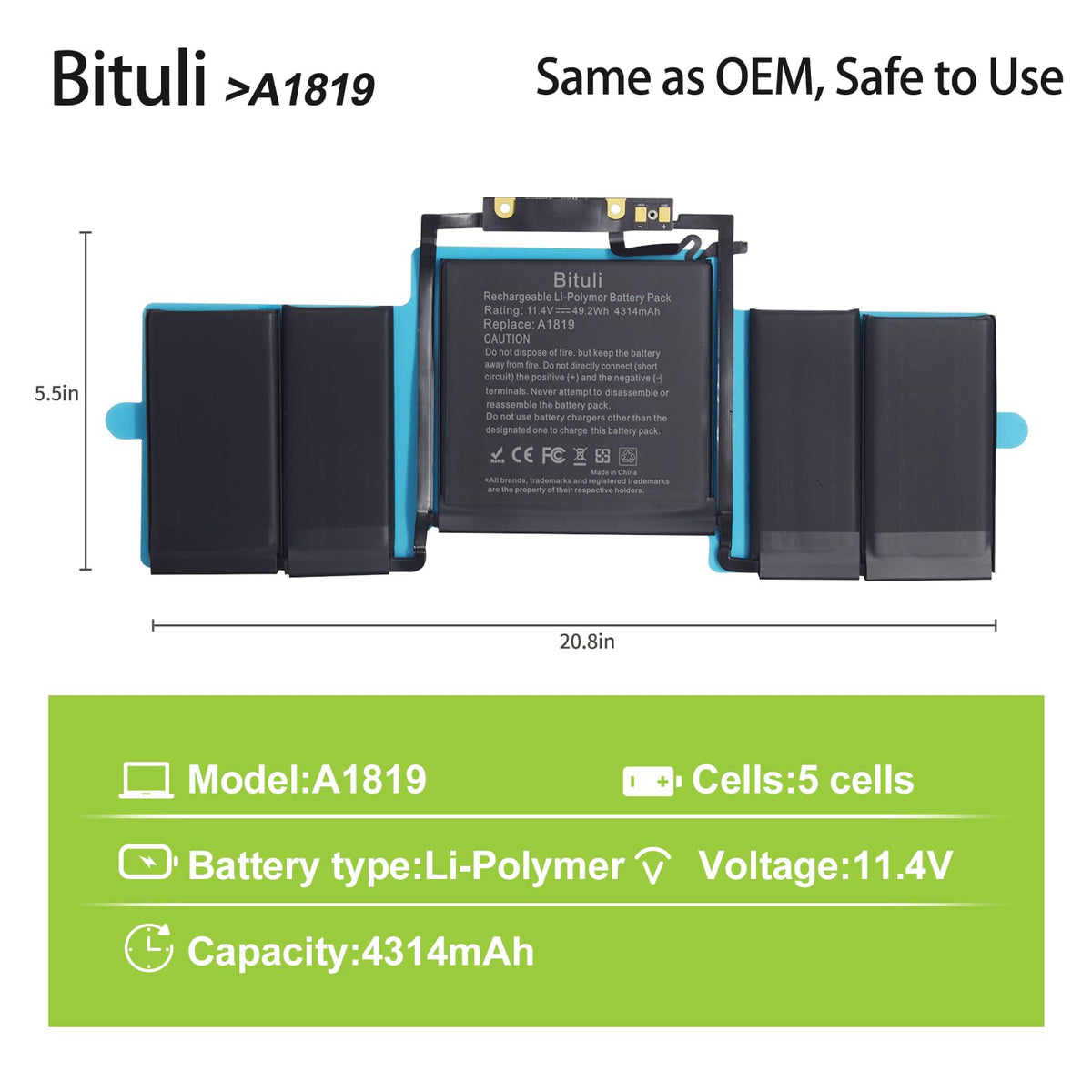 Bituli battery label closeup A1706 A1819 highlighting specifications and safety