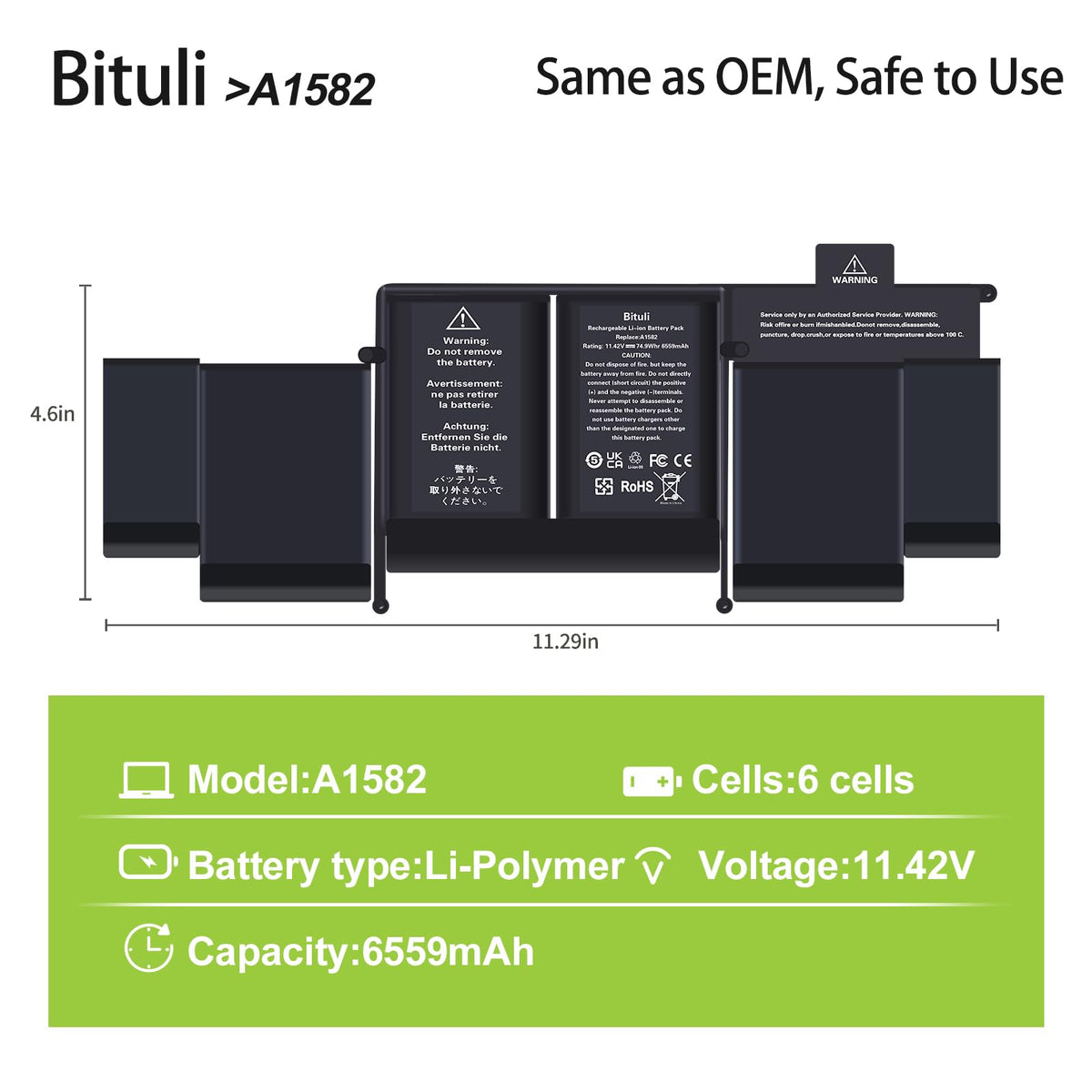 Bituli battery top label close-up showing specifications and safety
