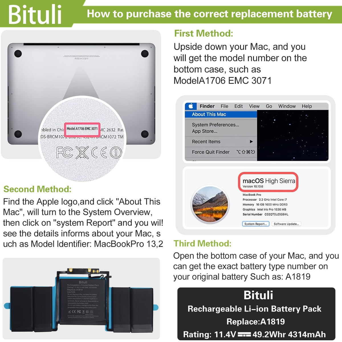 Bituli battery installed inside MacBook Pro 13-inch demonstrating compatibility