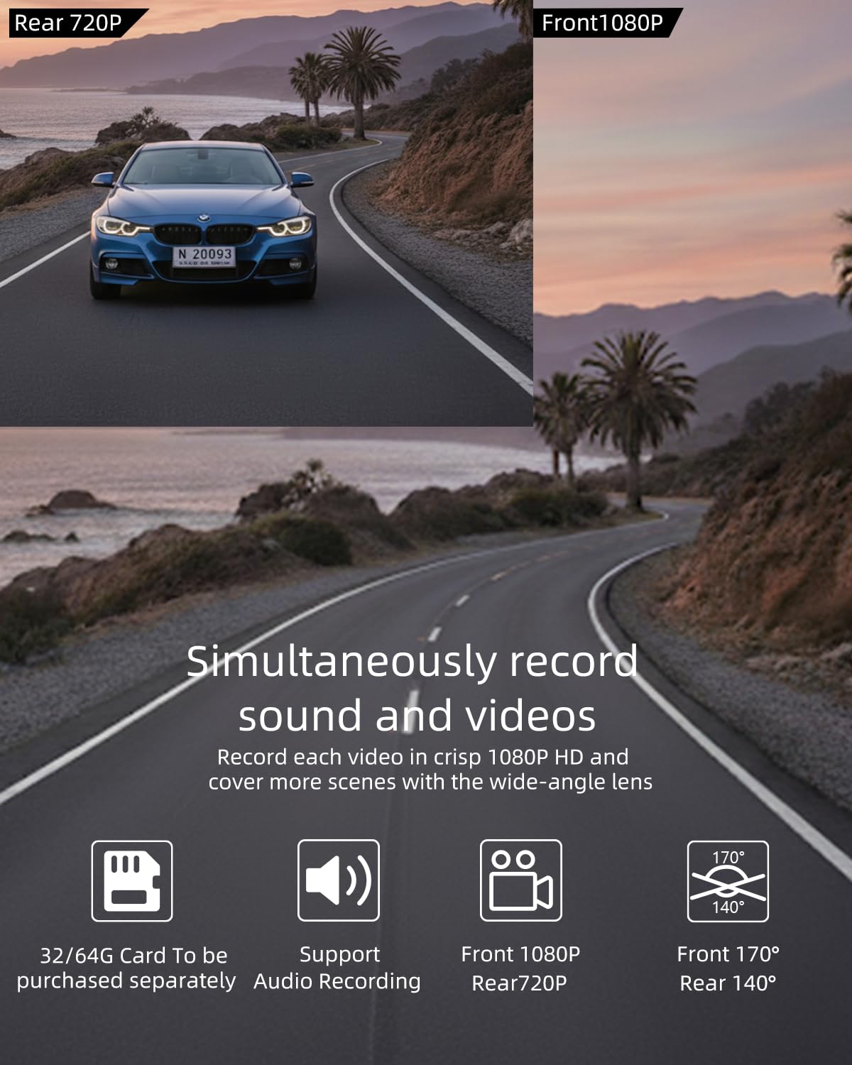 Biuone dash cam 170-degree wide-angle captures broad road views