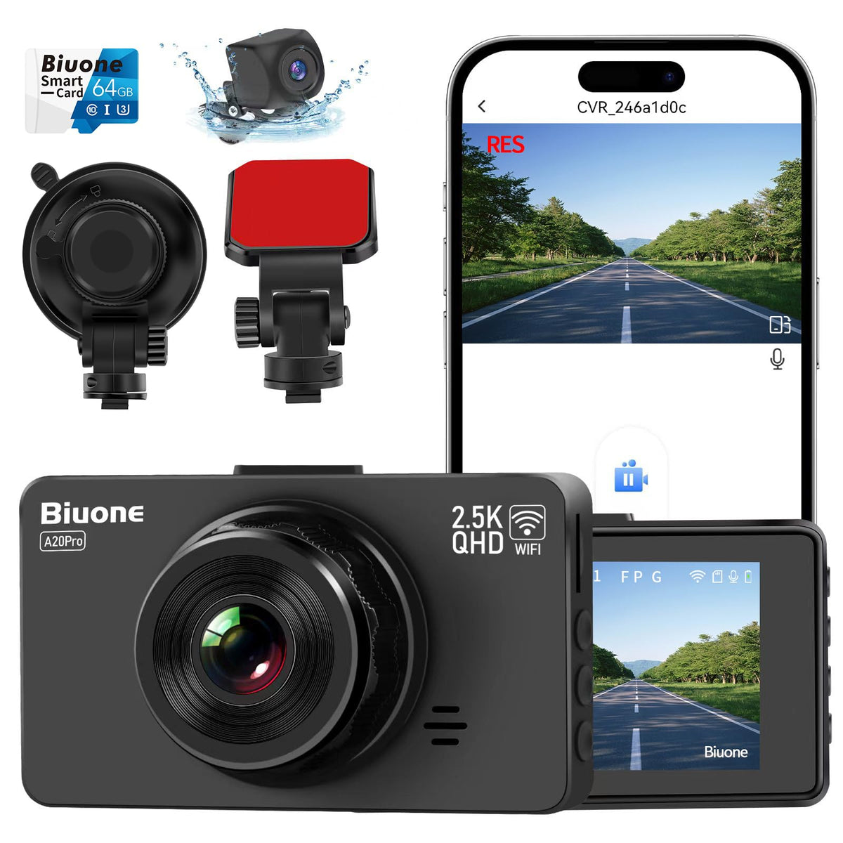 Biuone front camera angled view showing compact design and clear road recording