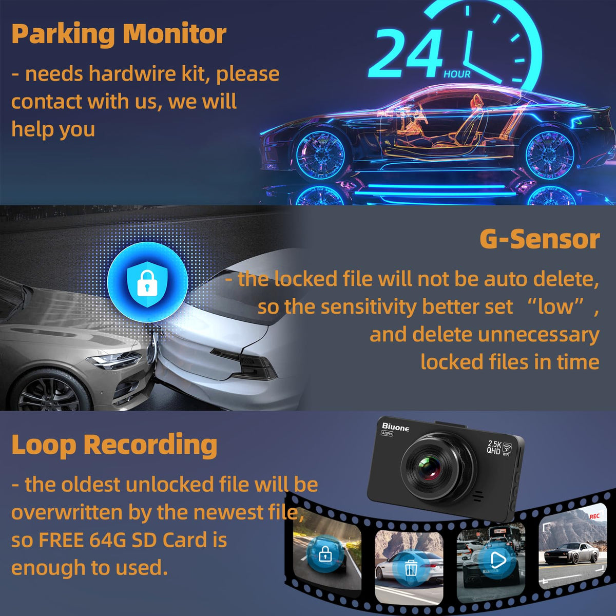 Biuone in-car installed front and rear cameras showing full vehicle coverage