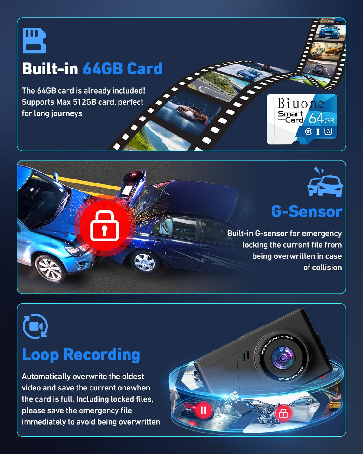 Biuone dual dash cam mounted in a car demonstrating in-vehicle installation benefit