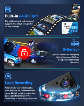 Biuone dual dash cam mounted in a car demonstrating in-vehicle installation benefit