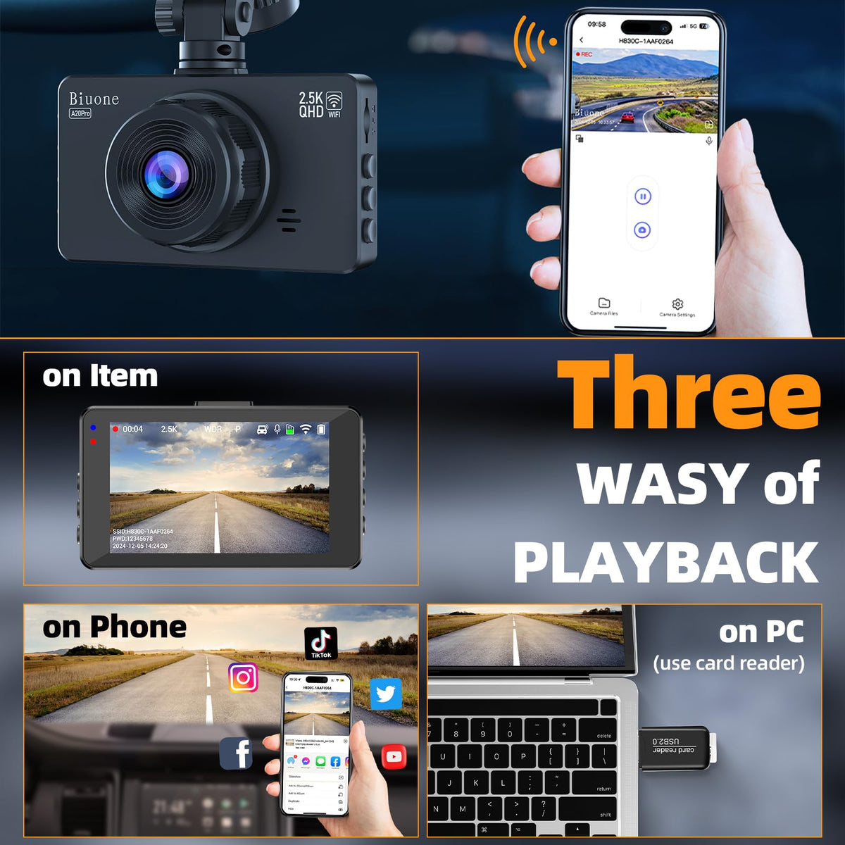 Biuone WiFi app live preview on phone enabling quick sharing and control