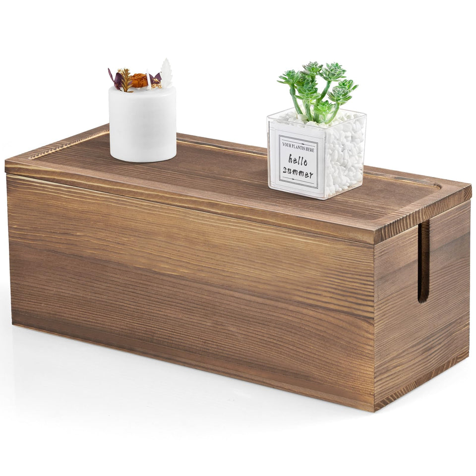 Bivvclaz front view burnt wood box hides power strips and reduces desk clutter