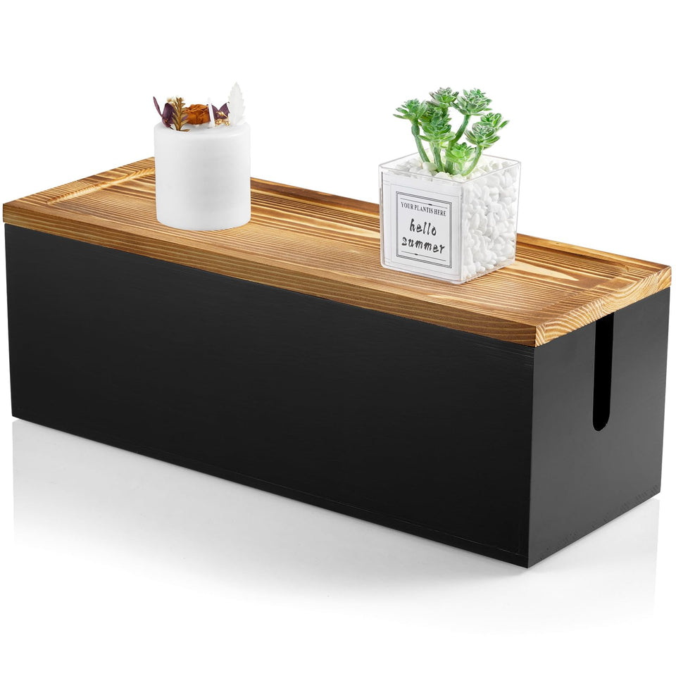 Bivvclaz front view of black wooden cable box offering tidy cord concealment