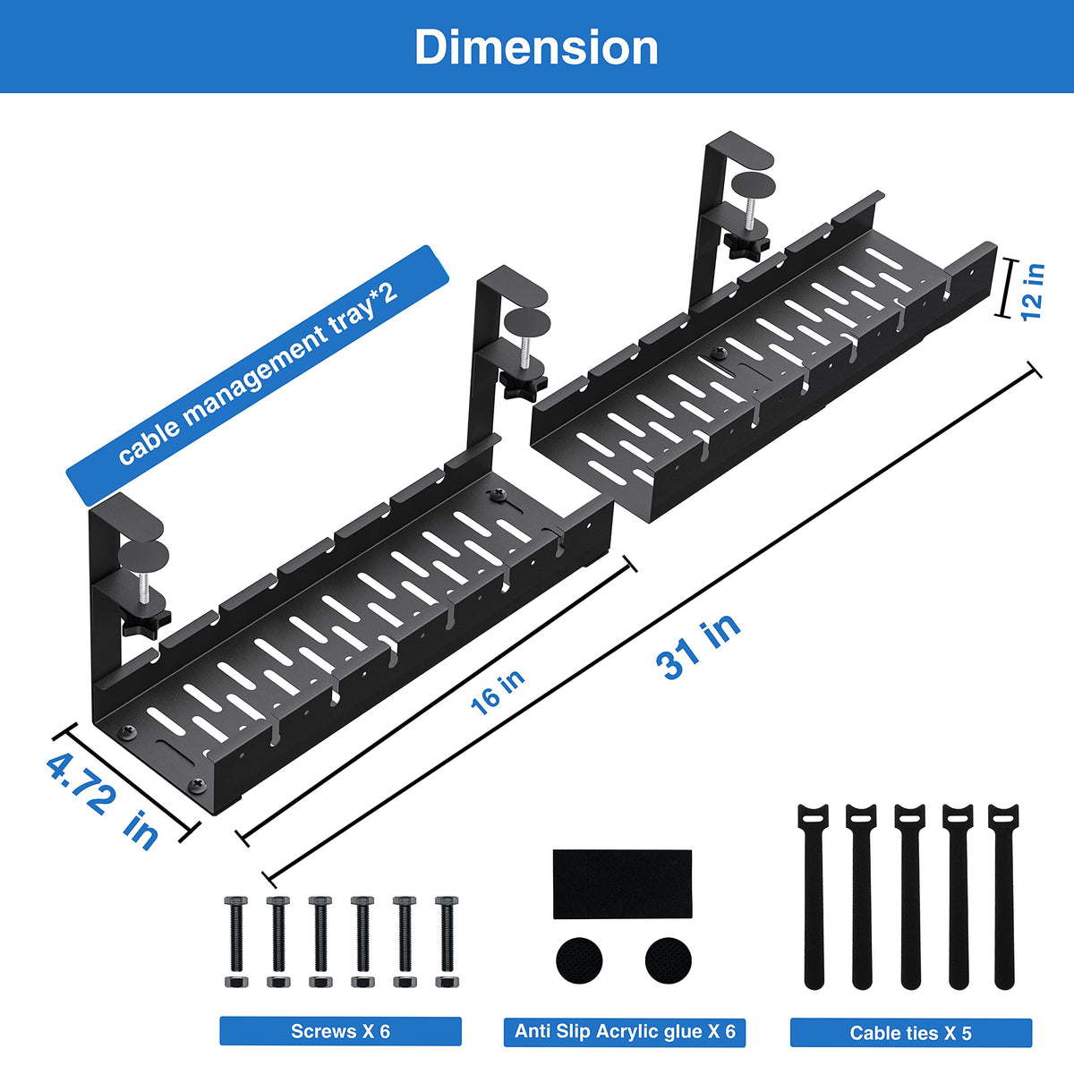 BIWIST three-power-strip capacity under-desk tray keeps cords organized