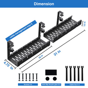 BIWIST three-power-strip capacity under-desk tray keeps cords organized