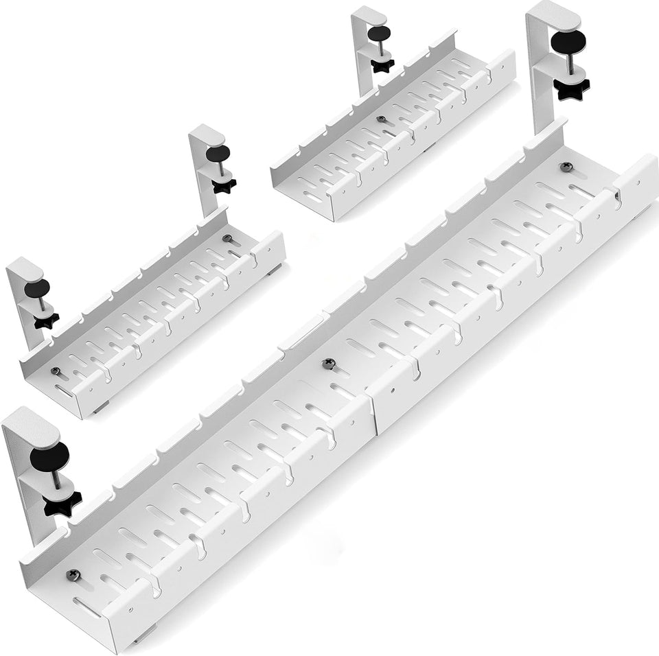BIWIST under-desk cable tray extendable in use to organize cords.