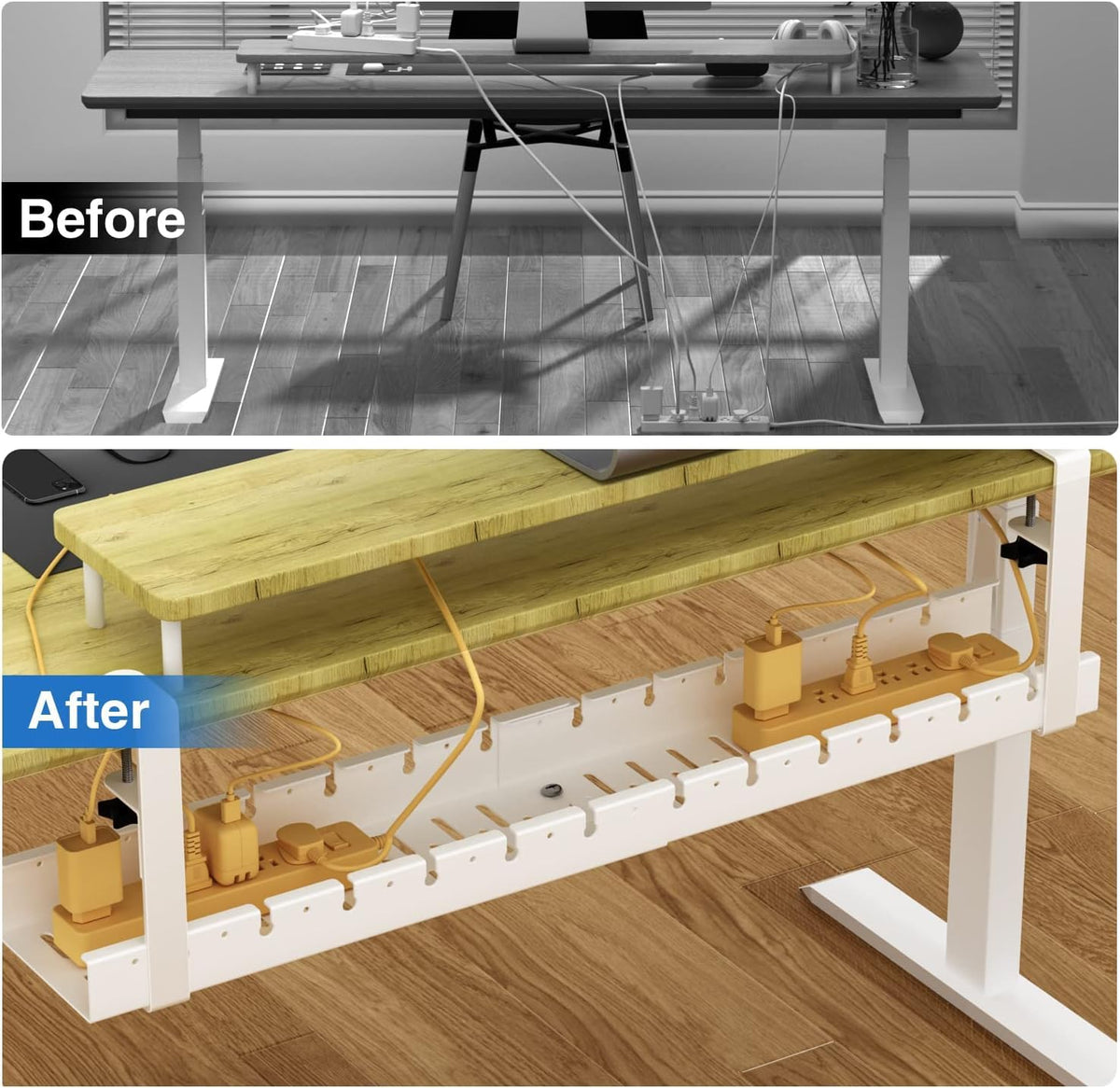 BIWIST white under-desk tray keeps workspace tidy and organized.
