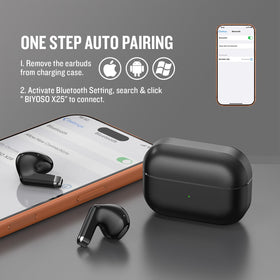 Biyoso X25 charging case open with earbuds, showing fast auto-pair convenience
