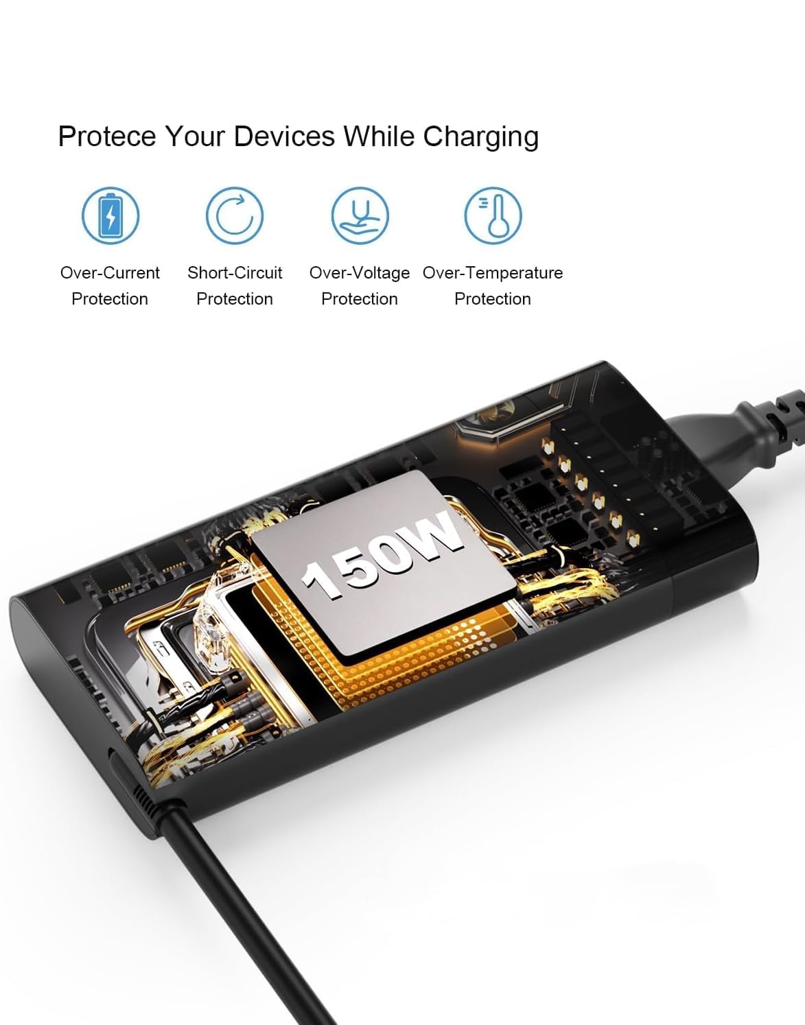 BIYTC 150W charger safety labels highlighting protective features
