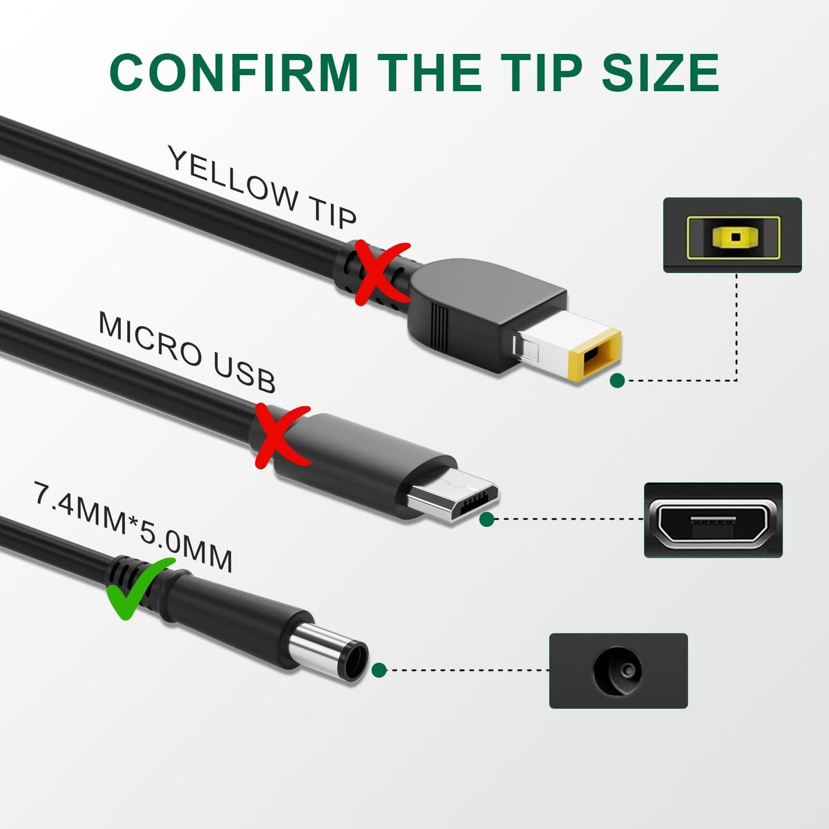 BIYTC 90W charger close-up with 7.4x5.0mm connector for reliable power delivery.