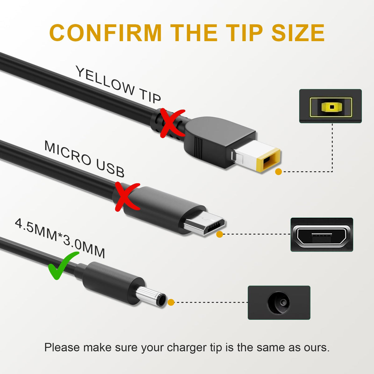 BIYTC connector closeup showing 4.5x3.0mm barrel plug and precise fit benefit