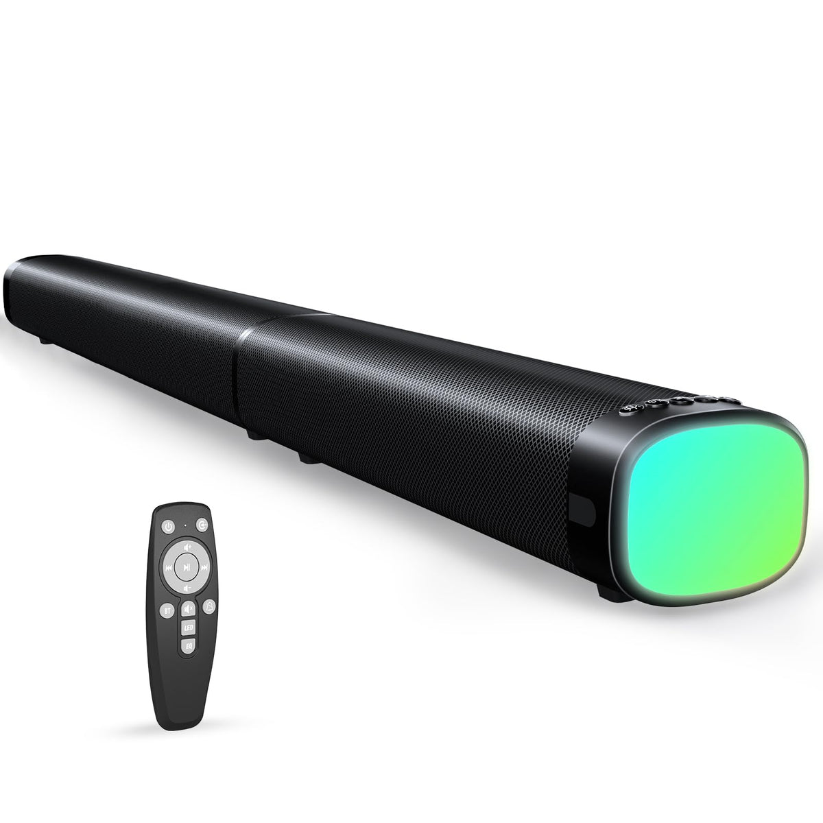 Bkmojit sound bar front view showing sleek design and clear speaker grills, improves TV audio