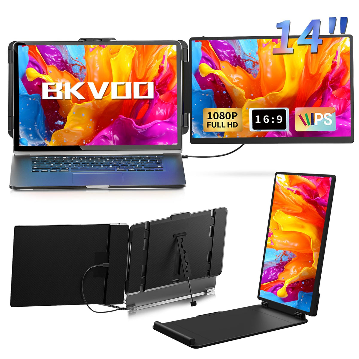 BKVOO 14-inch screen extender in extended dual-monitor mode boosts multitasking.