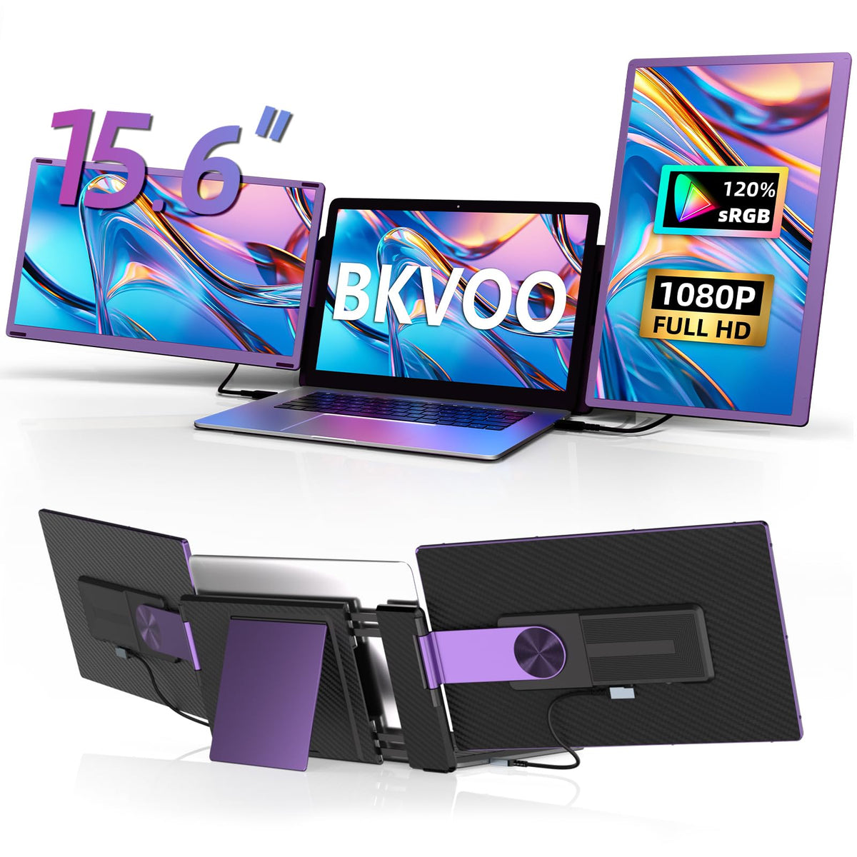 BKVOO 15.6-inch triple-monitor setup for enhanced multitasking and clarity.