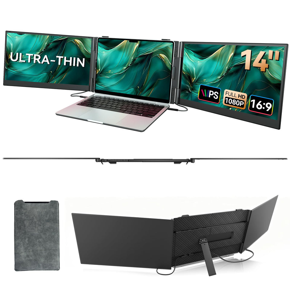 BKVOO triple-monitor setup on the go enables compact productivity and multi-tasking.