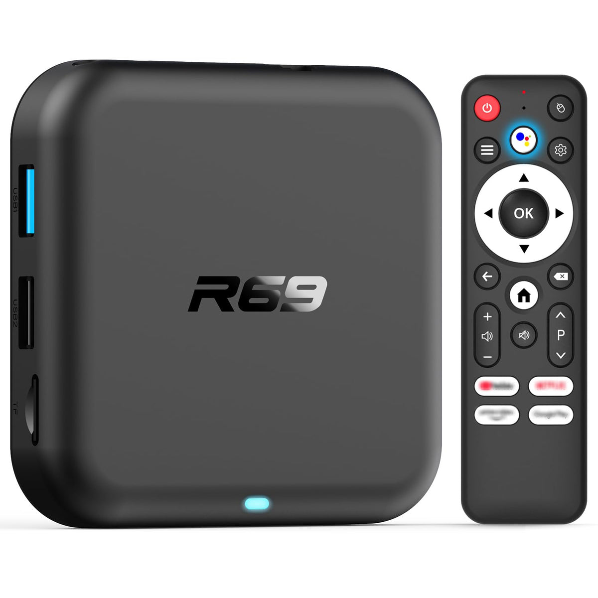 BL Android 14.0 TV Box front view showing compact design and indicator lights for easy placement