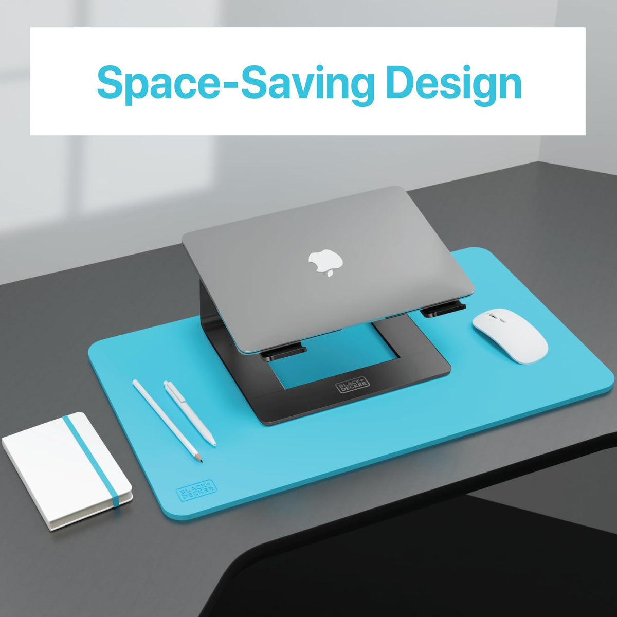 BLACK+DECKER laptop stand demonstrates portable ergonomic use