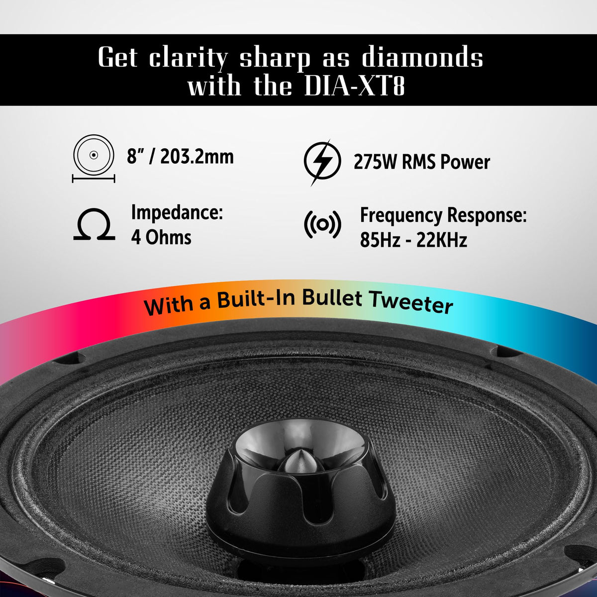 BLACK DIAMOND Dia-XT8 2-way design for balanced sound in vehicles