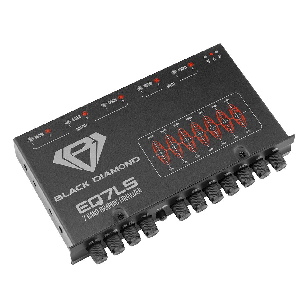 Black Diamond EQ7LS front view with seven-band graphic equalizer for precise tuning.