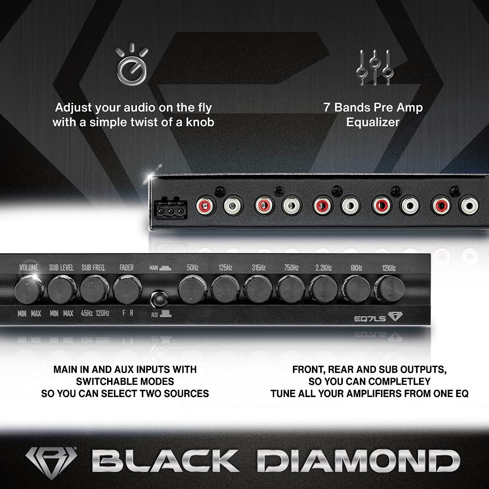 Black Diamond EQ7LS subwoofer control highlights adjustable low-pass filter for bass shaping.