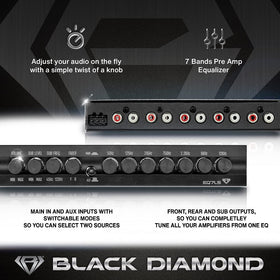 Black Diamond EQ7LS subwoofer control highlights adjustable low-pass filter for bass shaping.