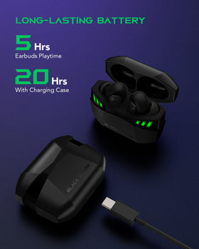 Black Shark earbuds next to a ruler for size comparison showing compact portability benefit