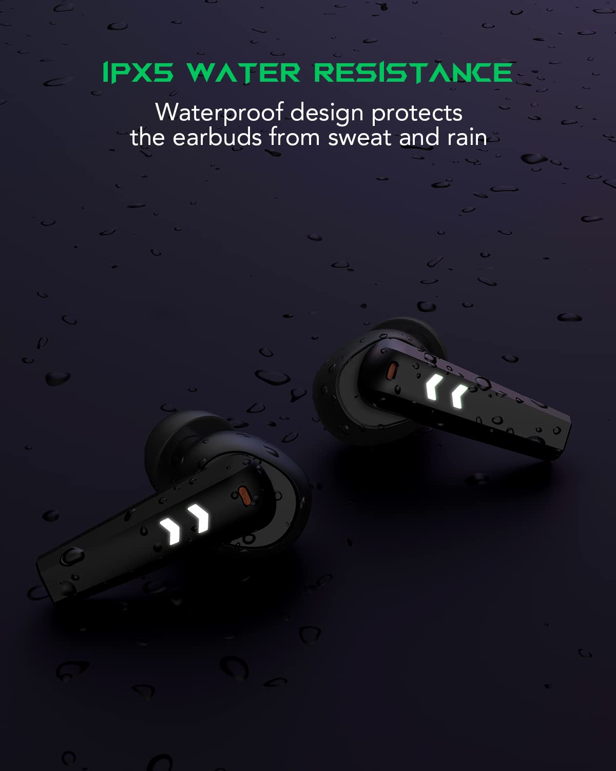 Black Shark earbuds with water splashes illustrating IPX5 resistance for sweat and light rain protection