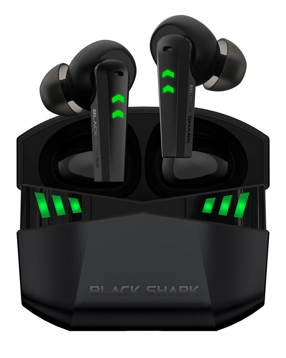 Black Shark front packaging showing earbuds and charging case for quick identification and unboxing benefit