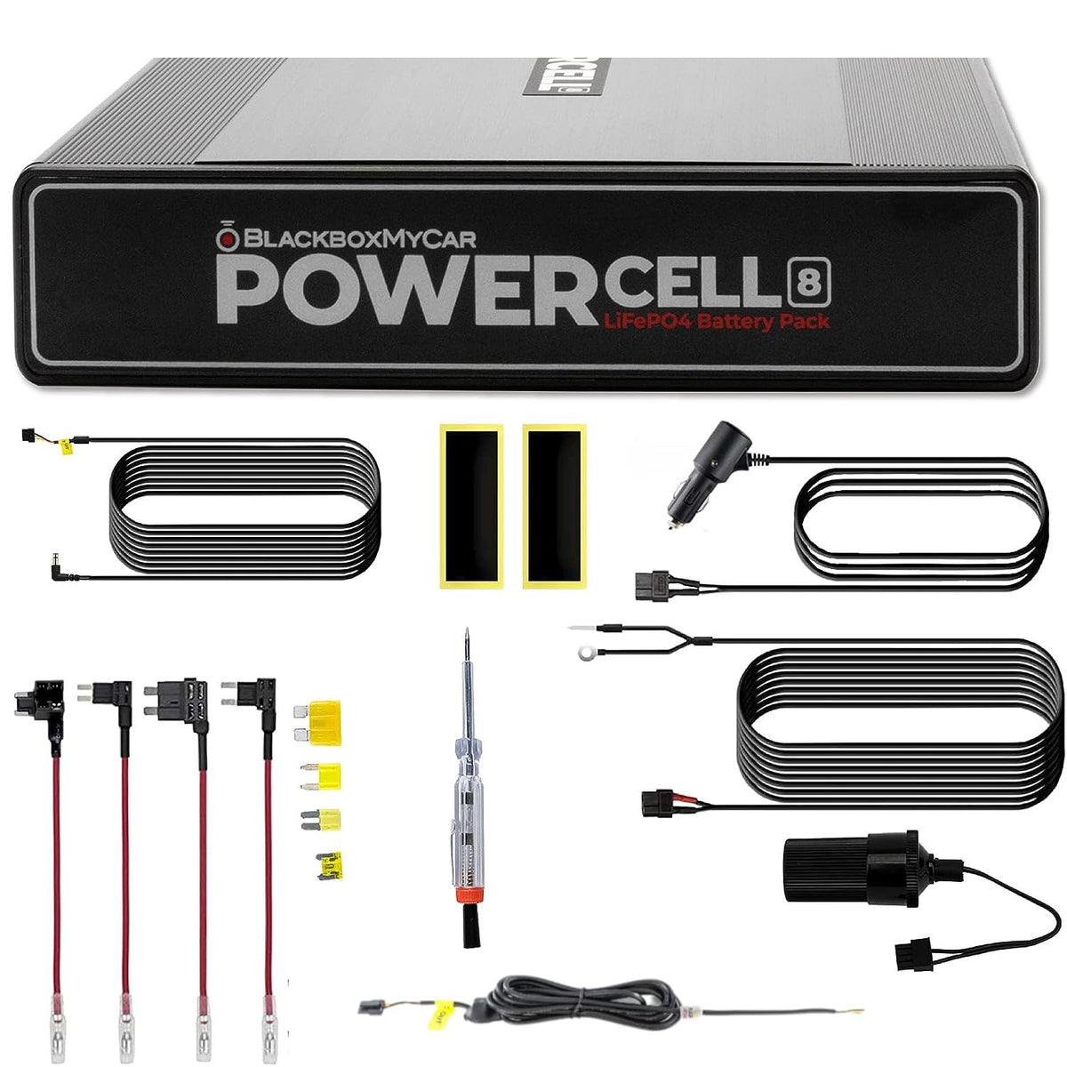 BlackboxMyCar PowerCell 8 battery pack ready for dash cam installation, delivering steady power.