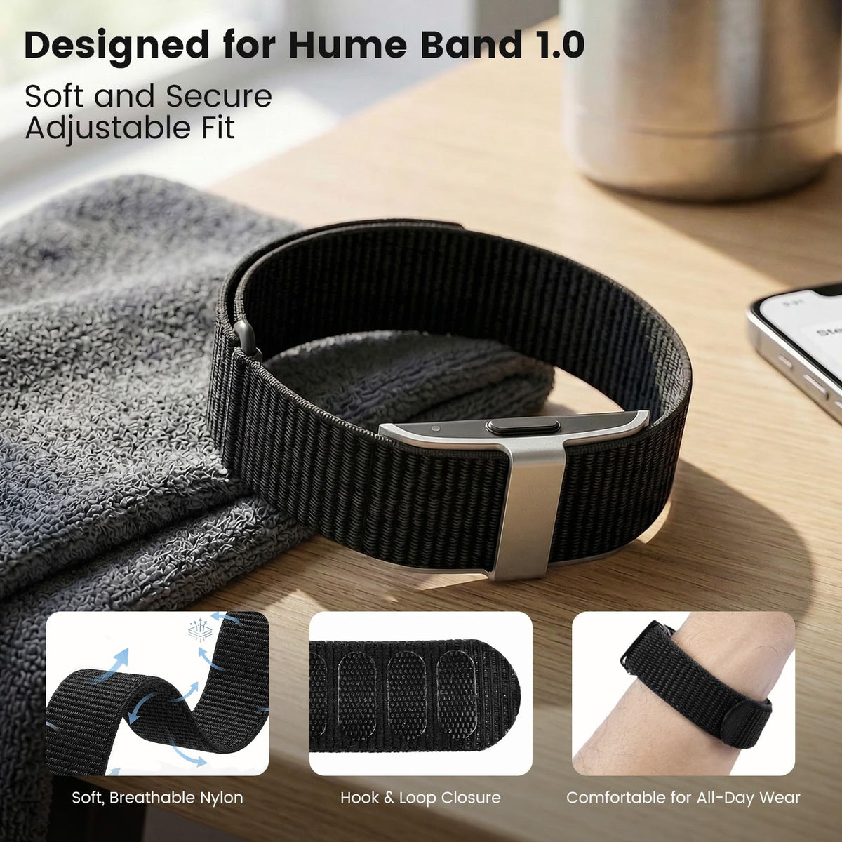 BlackPro Hume Band breathable nylon loop highlighted for all-day comfort