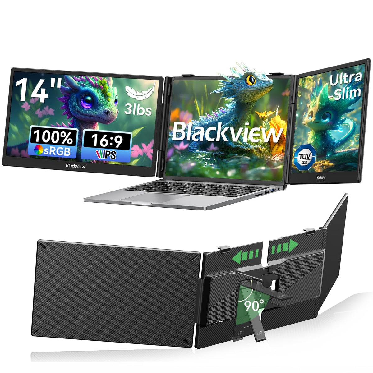 Blackview DCM5 triple-screen extender front view for on-the-go productivity