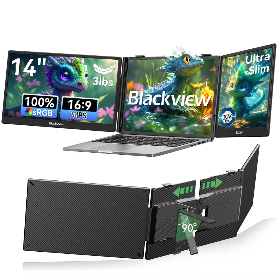 Blackview DCM5 triple-screen extender front view for on-the-go productivity