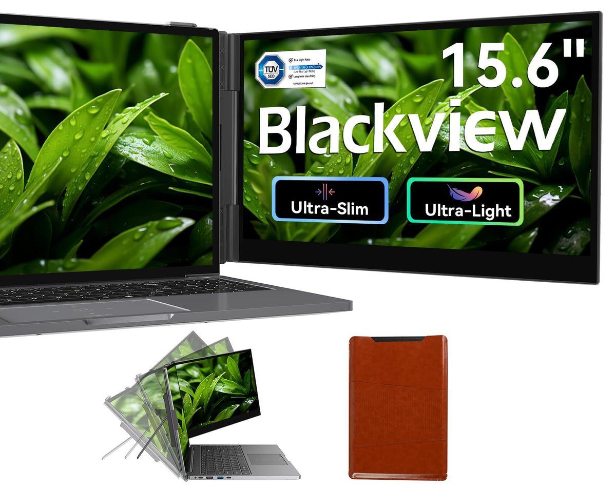 Blackview SCM8 in-action setup showing portable dual-monitor productivity.