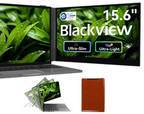 Blackview SCM8 in-action setup showing portable dual-monitor productivity.