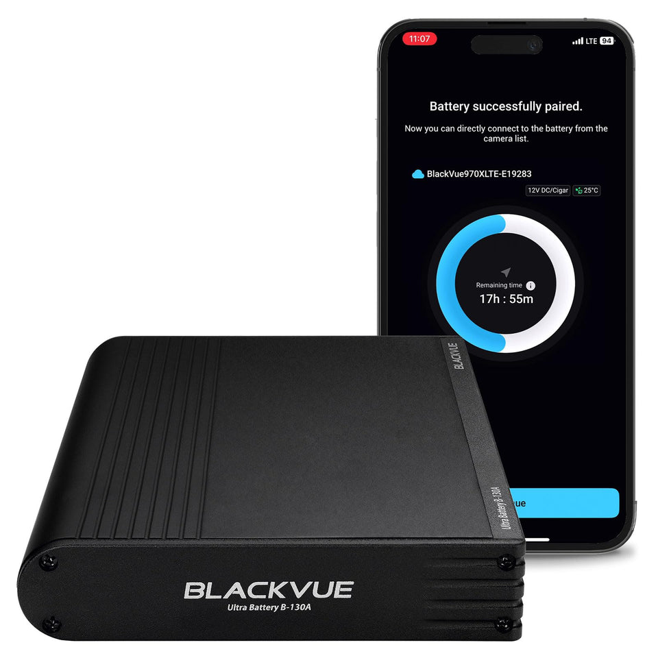 BlackVue B-130A battery pack front view showing compact LiFePO4 design for dash cams