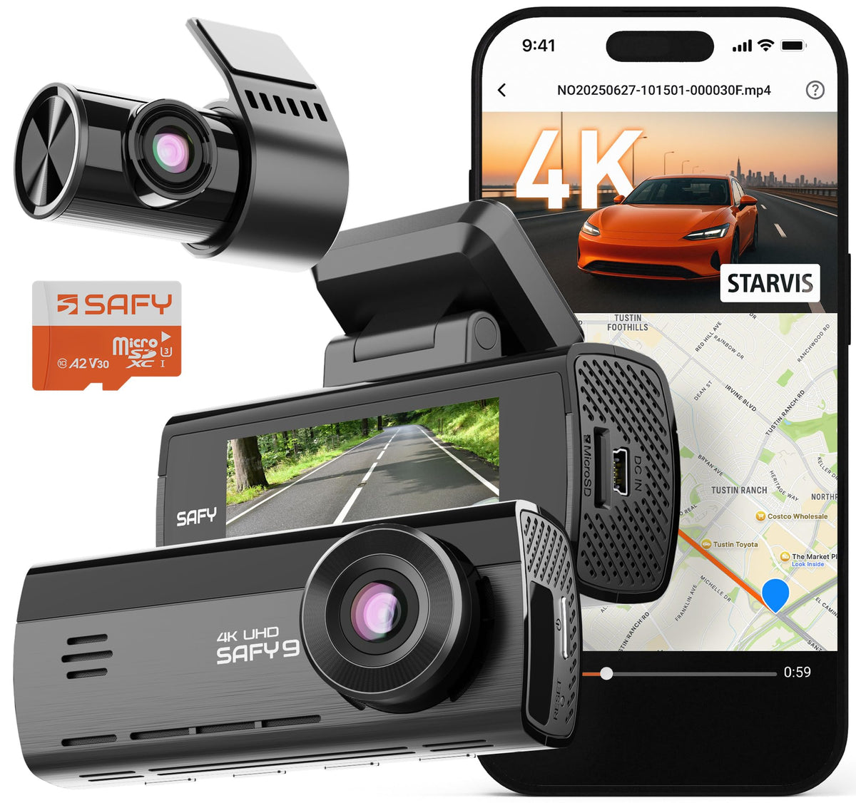 BlackVue SAFY9 front 4K camera captures crisp detail in day and night.