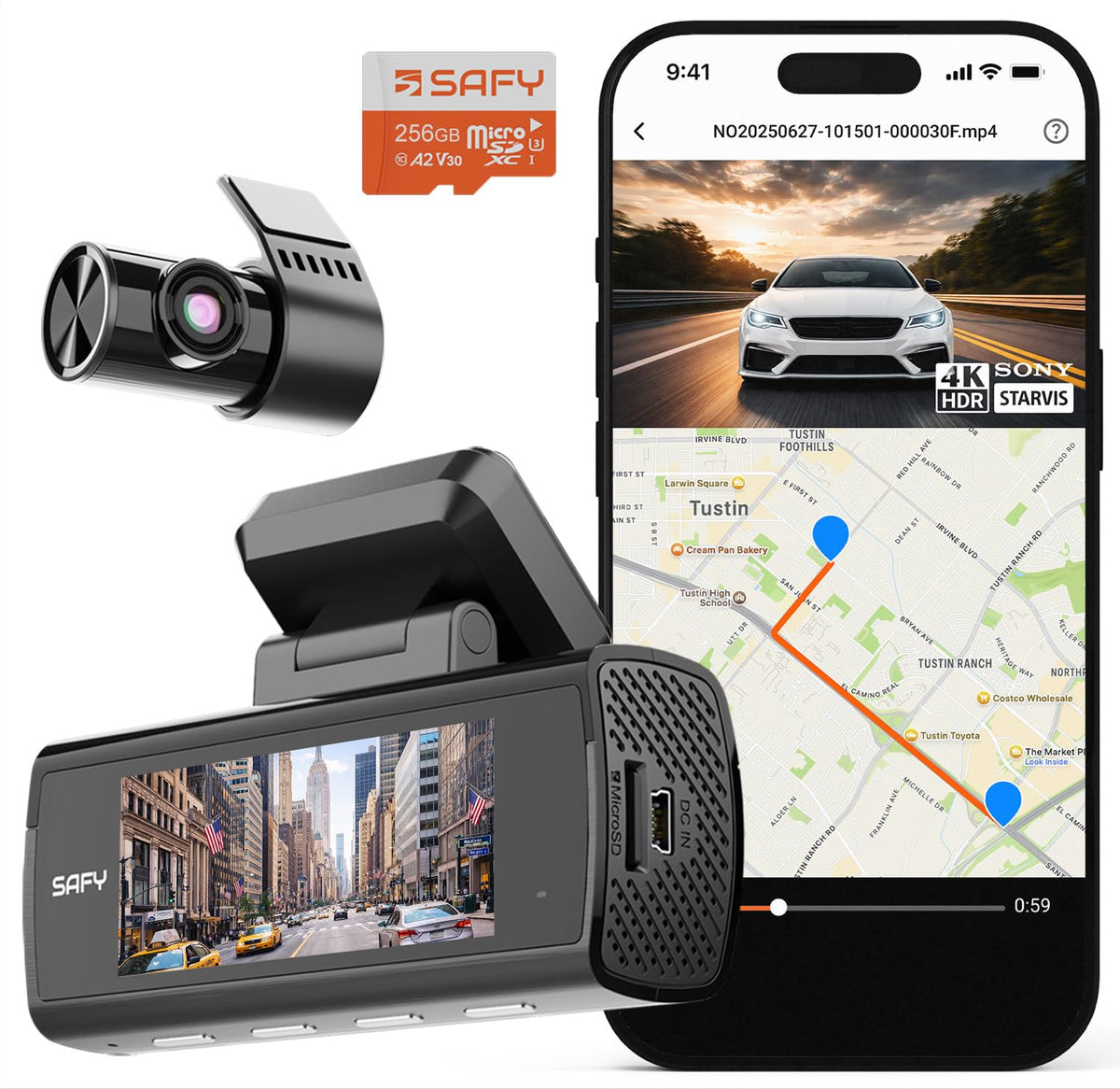 BlackVue SAFY9 front camera lens delivers ultra-clear 4K footage for safer daytime driving.