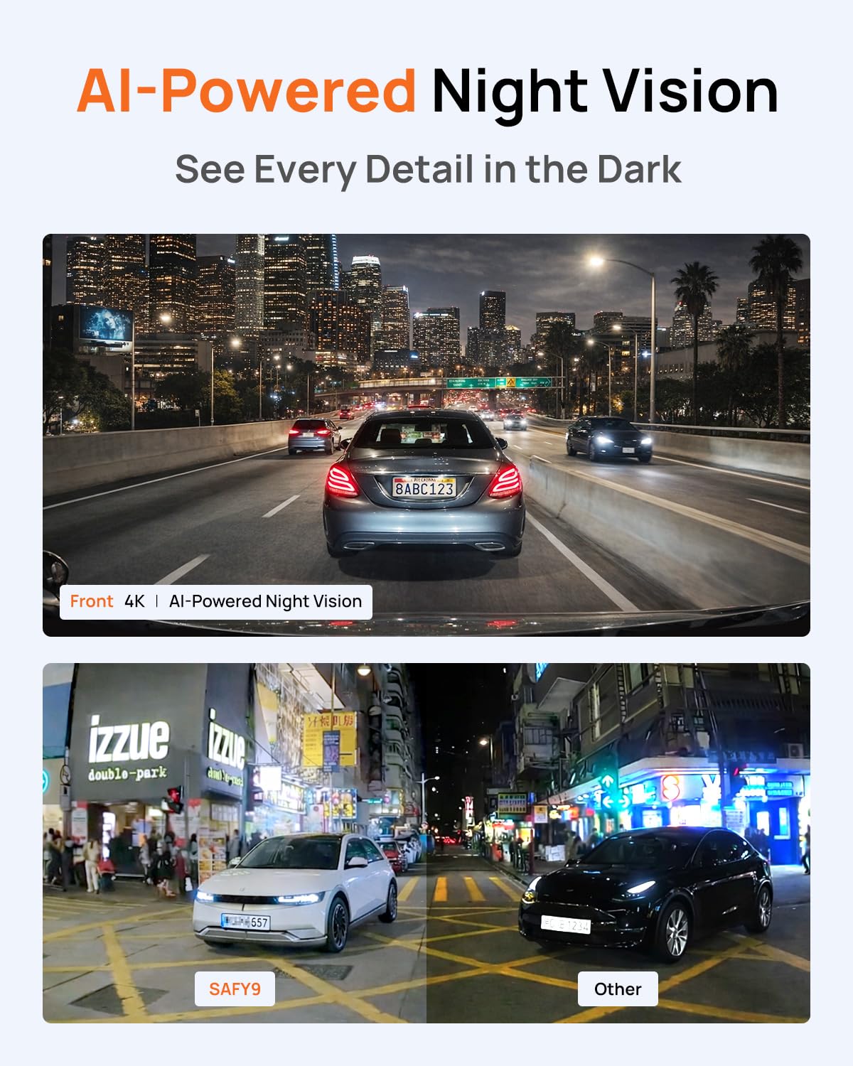 BlackVue SAFY9 HDR AI night vision improves identification in low light.