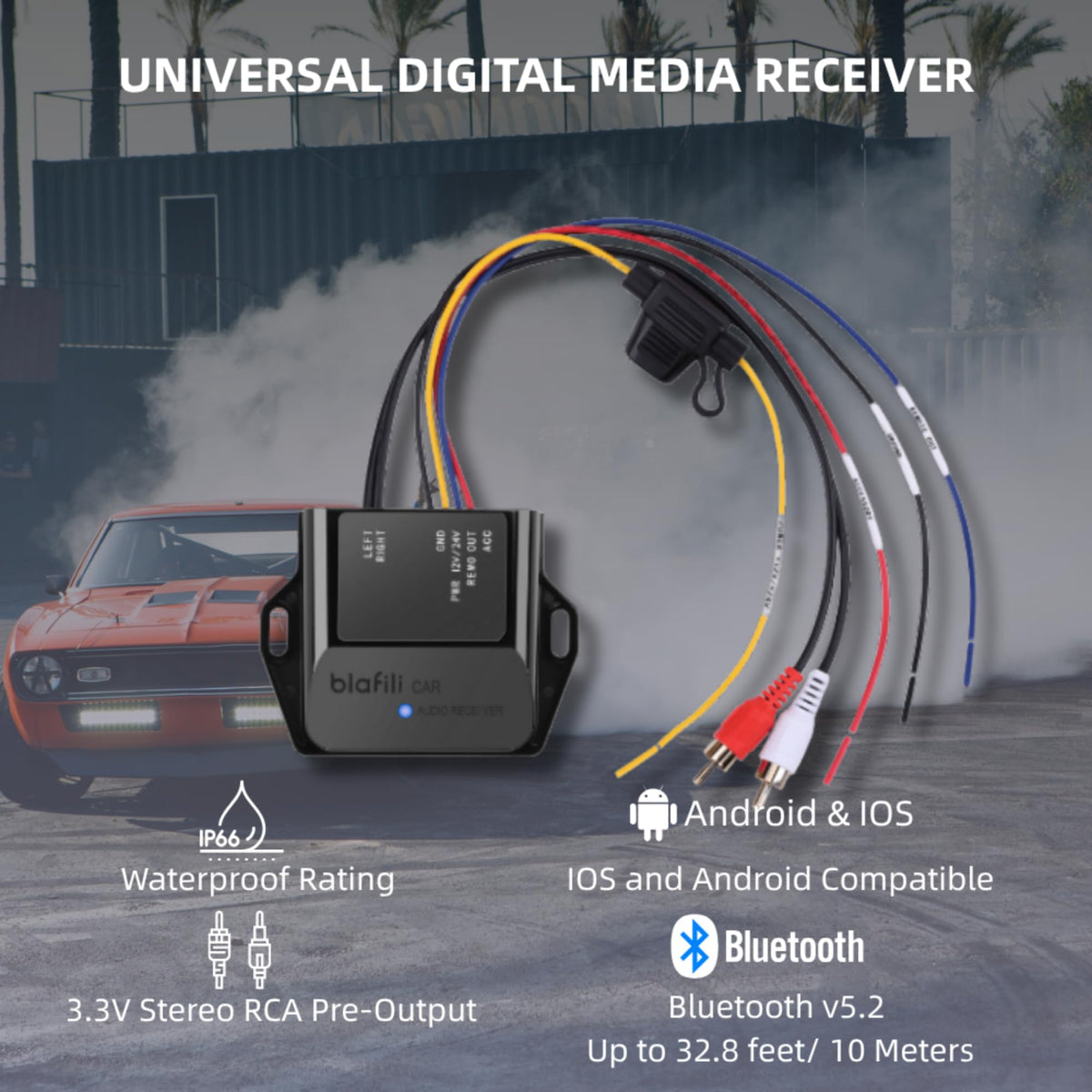 blafili receiver in wet-spray scene demonstrating IP65 durability for outdoors