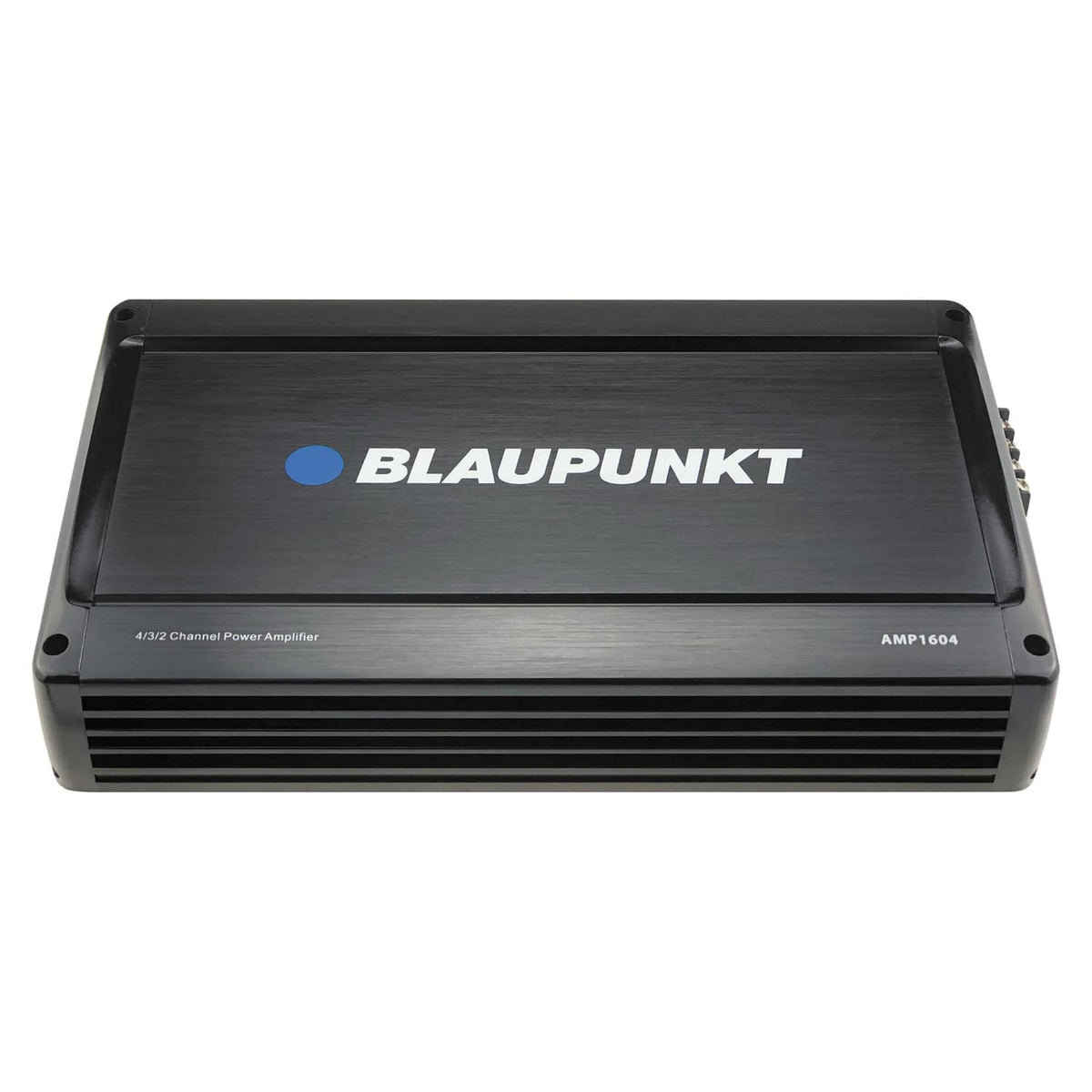 BLAUPUNKT AMP1604 front view highlights compact design for flexible trunk mounting