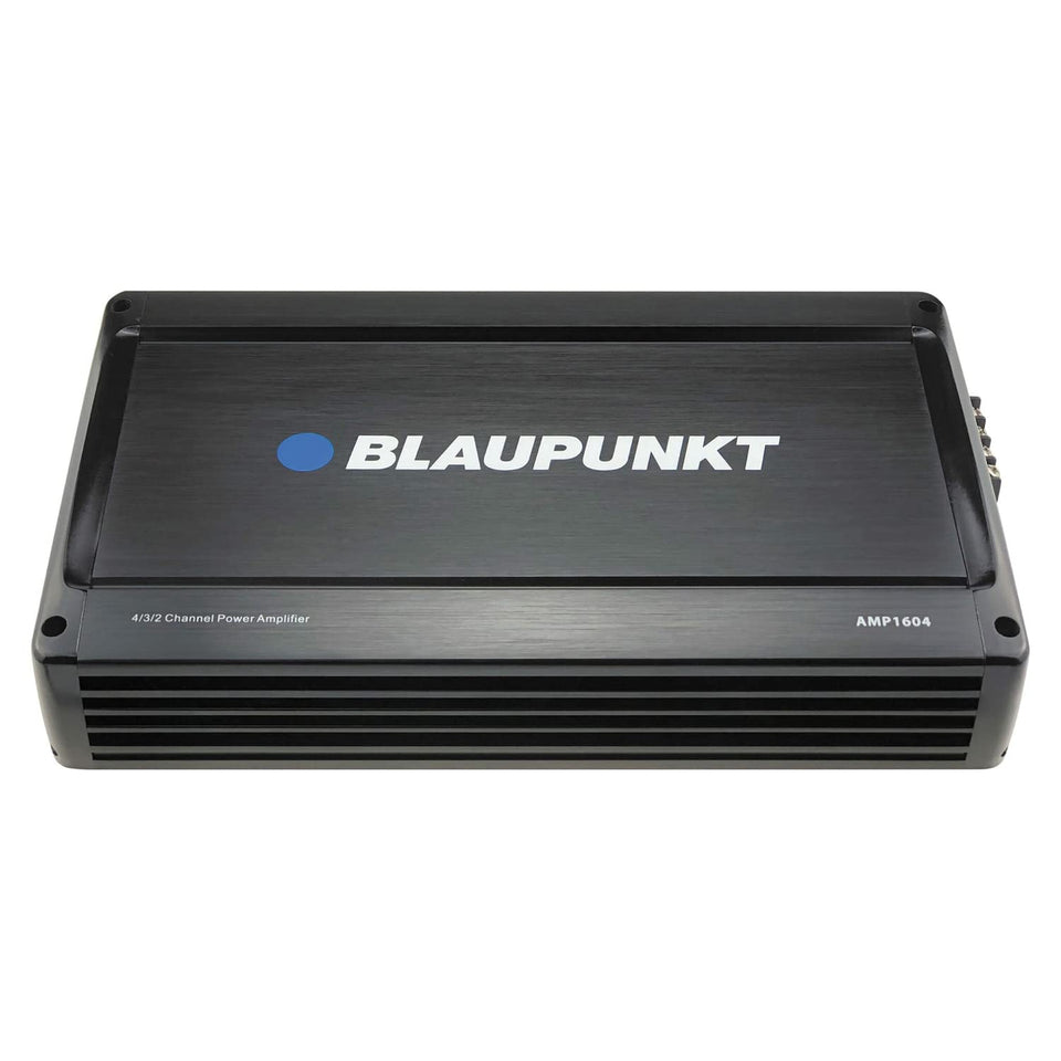 BLAUPUNKT AMP1604 front view highlights compact design for flexible trunk mounting
