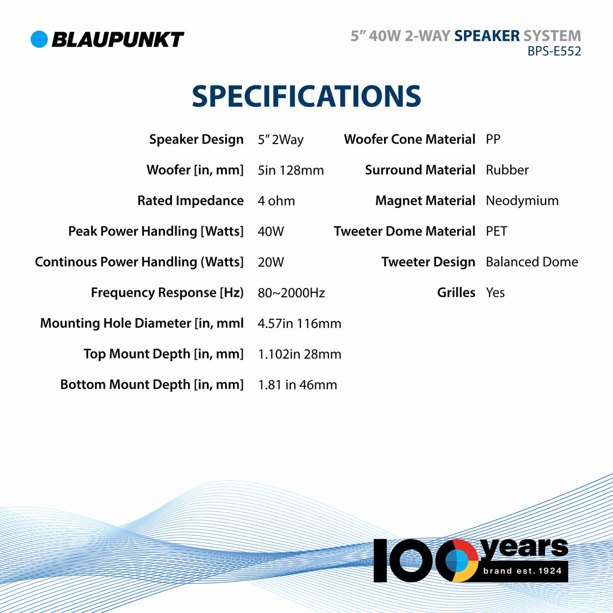 Blaupunkt BPS-E552 durable polypropylene cone for long lasting performance in any vehicle