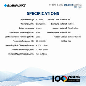 Blaupunkt BPS-E552 durable polypropylene cone for long lasting performance in any vehicle