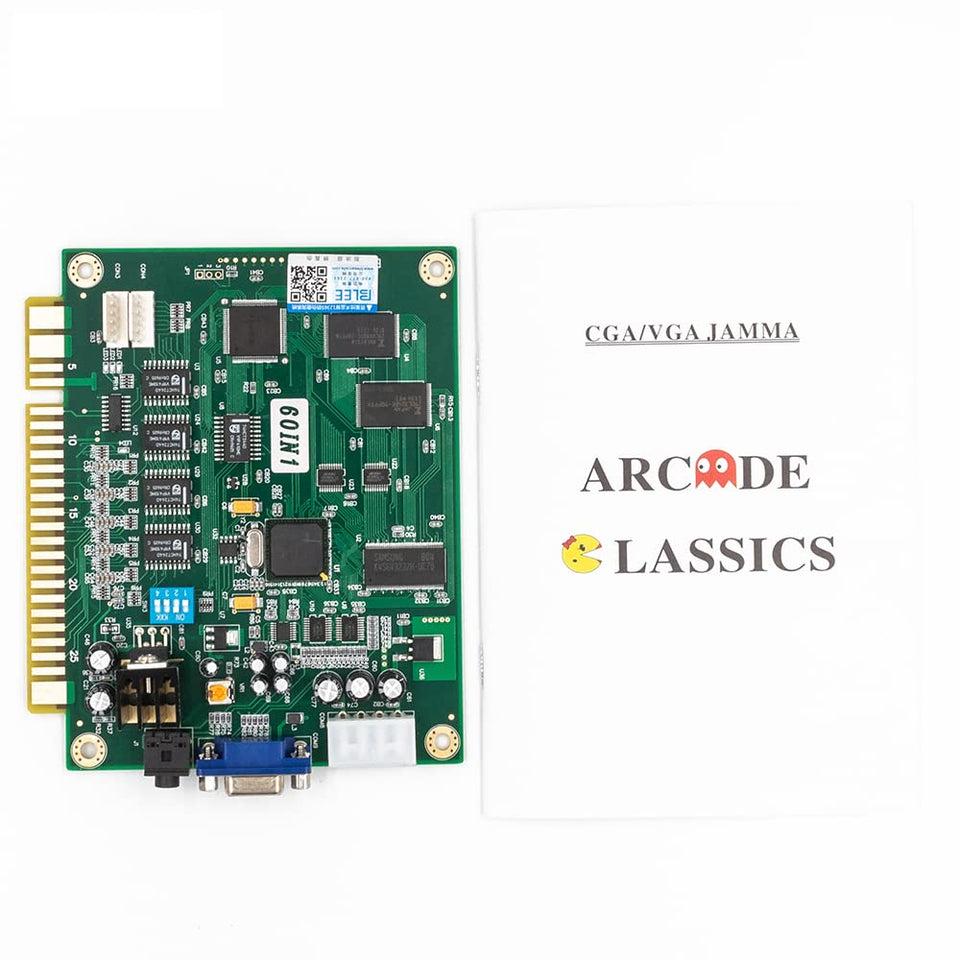 BLEE front view of 60-in-1 JAMMA board showing components and game labels for easy setup