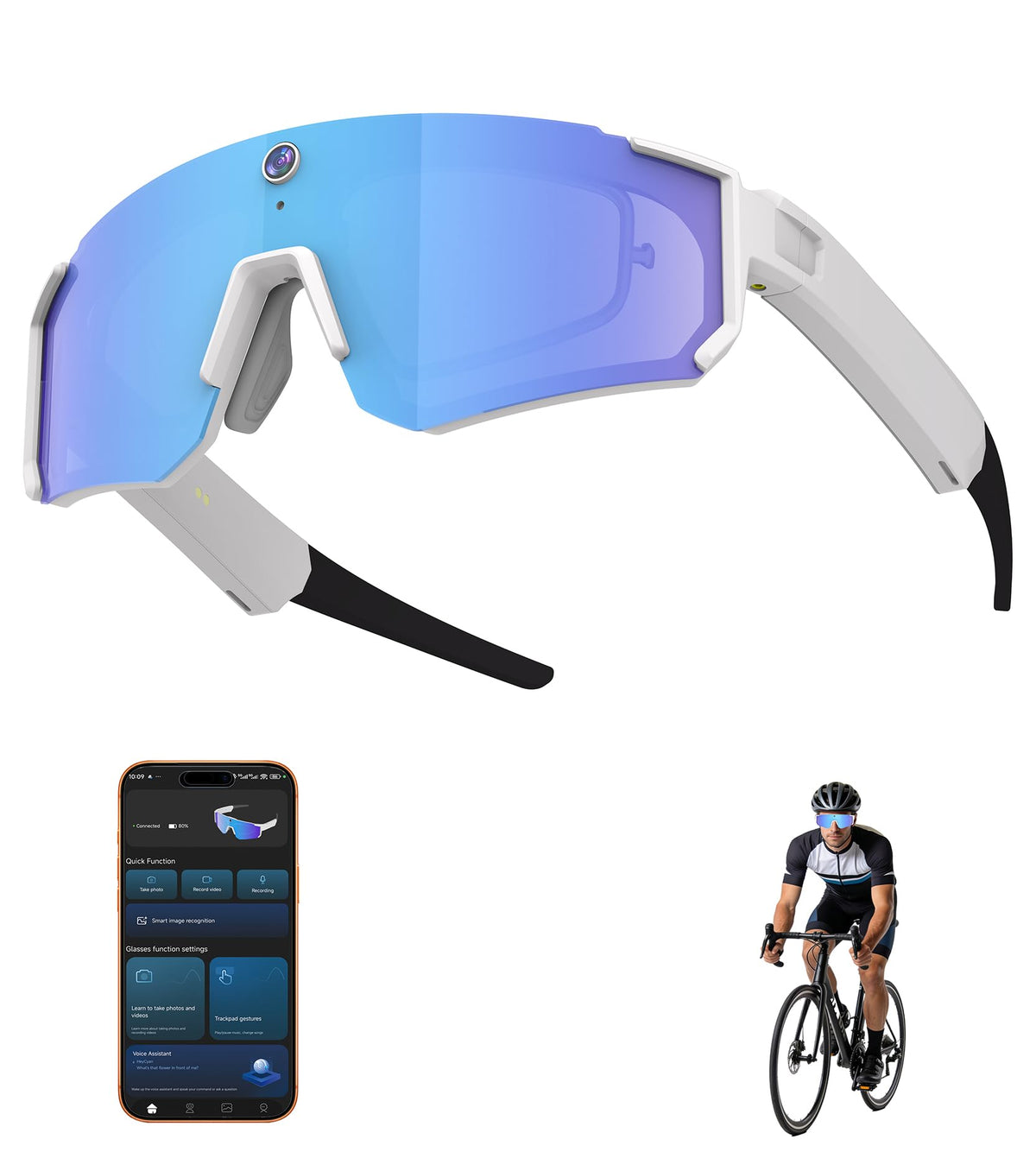 BlessSource AI smart glasses front view with 4K camera for smooth action footage.