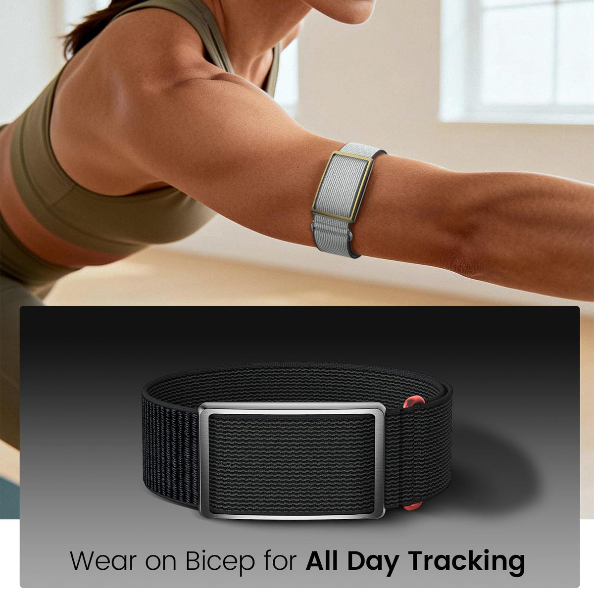 BlikWyt worn on bicep demonstrating stable tracking during exercise benefit